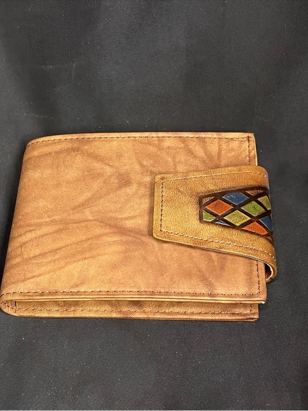 NOS Vintage 60s AMITY Stained Glass Tan Cowhide LEATHER Bifold Coin Wallet